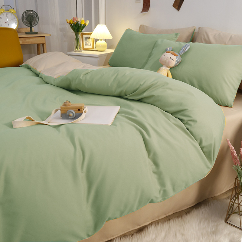 Solid Color 100% Washed Cotton 4-Piece Nude Sleeping Embroidered Bed Sheet Cover Pillowcase Student Dormitory Bedding Kit full figure