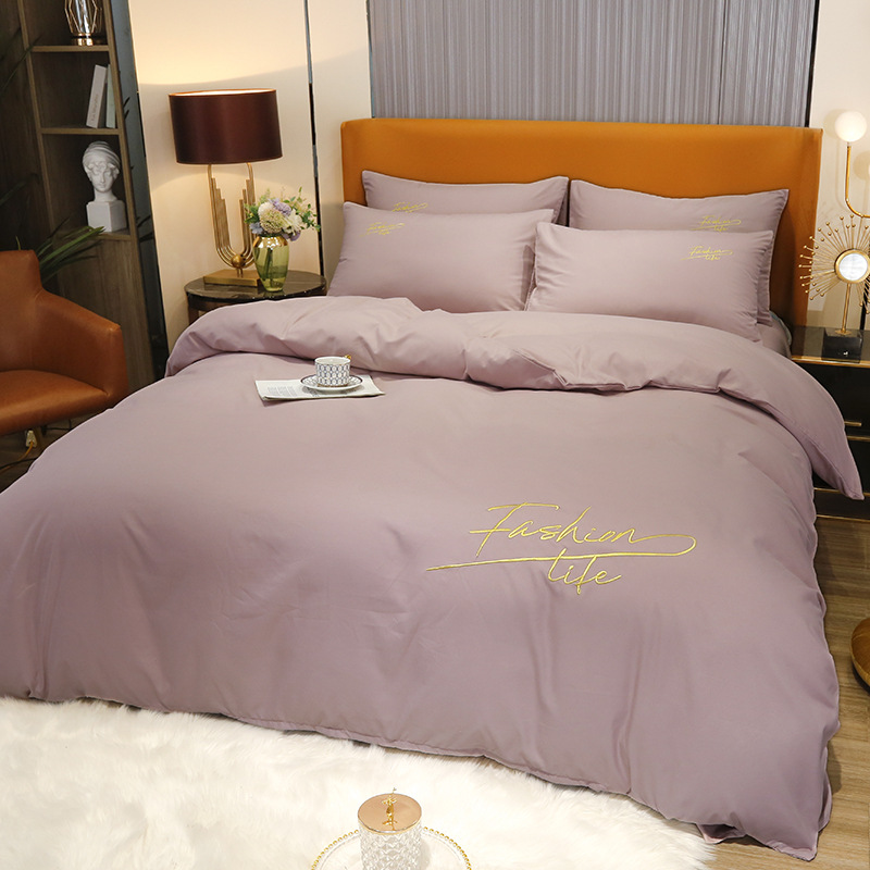 Solid Color 100% Washed Cotton 4-Piece Nude Sleeping Embroidered Bed Sheet Cover Pillowcase Student Dormitory Bedding Kit undefined