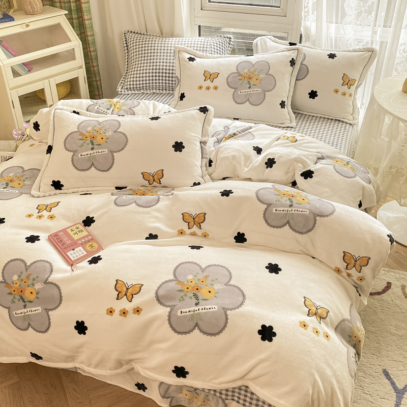 Milk Velvet 4-Piece Set Solid Color Naked Sleeping Thickened Bed Sheet Cover Simple Pillowcase Student Dormitory Bedding Kit undefined