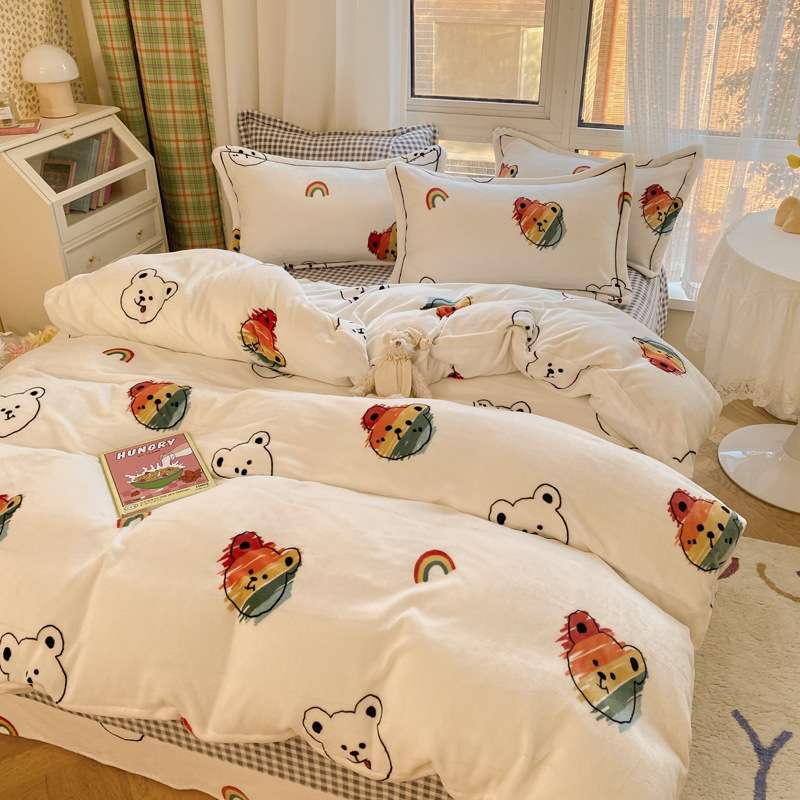 牛奶绒四件套纯色裸睡加厚床单被罩简约枕套学生宿舍床上用品套件图