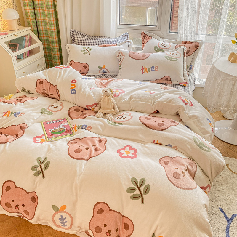Milk Velvet 4-Piece Set Solid Color Naked Sleeping Thickened Bed Sheet Cover Simple Pillowcase Student Dormitory Bedding Kit Item Picture