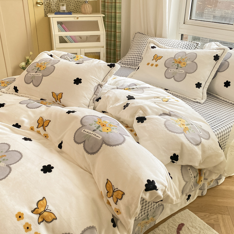 Milk Velvet 4-Piece Set Solid Color Naked Sleeping Thickened Bed Sheet Cover Simple Pillowcase Student Dormitory Bedding Kit undefined