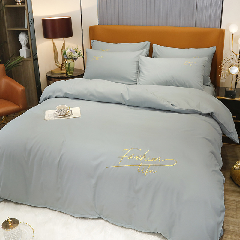Solid Color 100% Washed Cotton 4-Piece Nude Sleeping Embroidered Bed Sheet Cover Pillowcase Student Dormitory Bedding Kit undefined