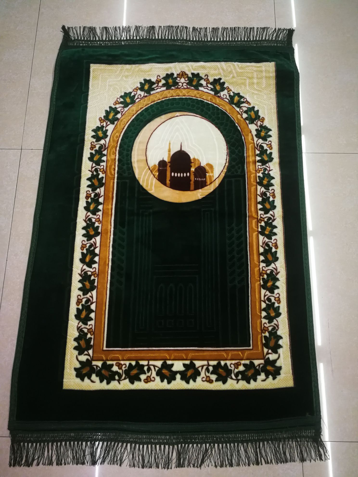 80*120全涤纶印花加压花月亮花花型礼拜毯朝拜垫厂价直销经典老花型销量大详情图4