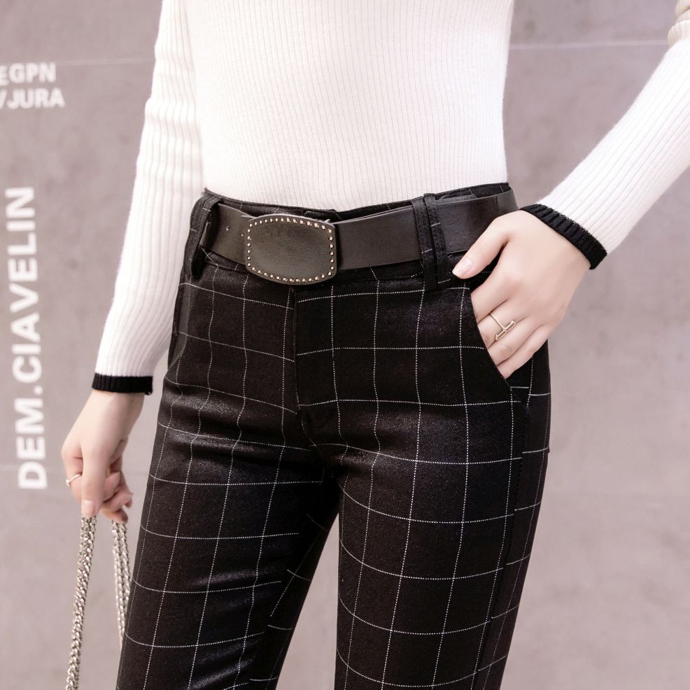 European Station 2021 Spring and Autumn Women's wear plaid high-waisted outerwear fleece leggings, slimming stretch small leg pencil pants detail image 4