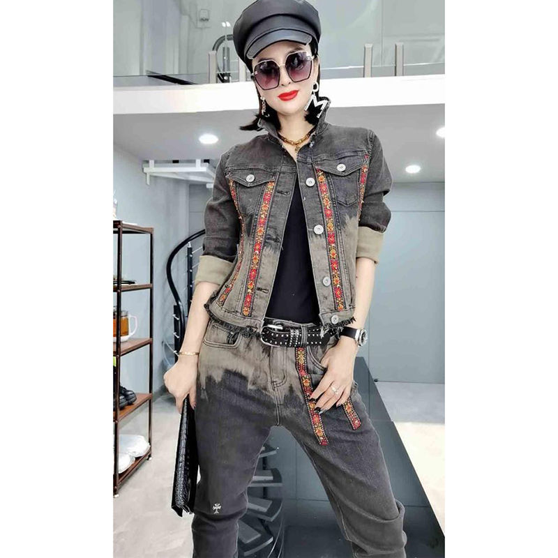 European Station 2021 Autumn New Korean style woven strap patchwork denim jacket top jeans two-piece set for women Item Picture