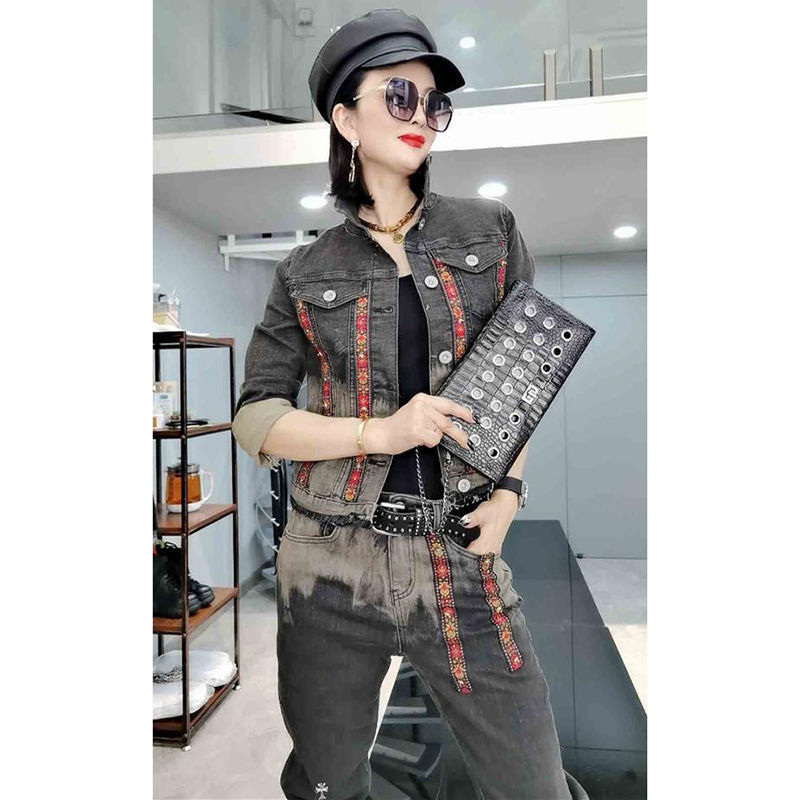 European Station 2021 Autumn New Korean style woven strap patchwork denim jacket top jeans two-piece set for women detail image 5