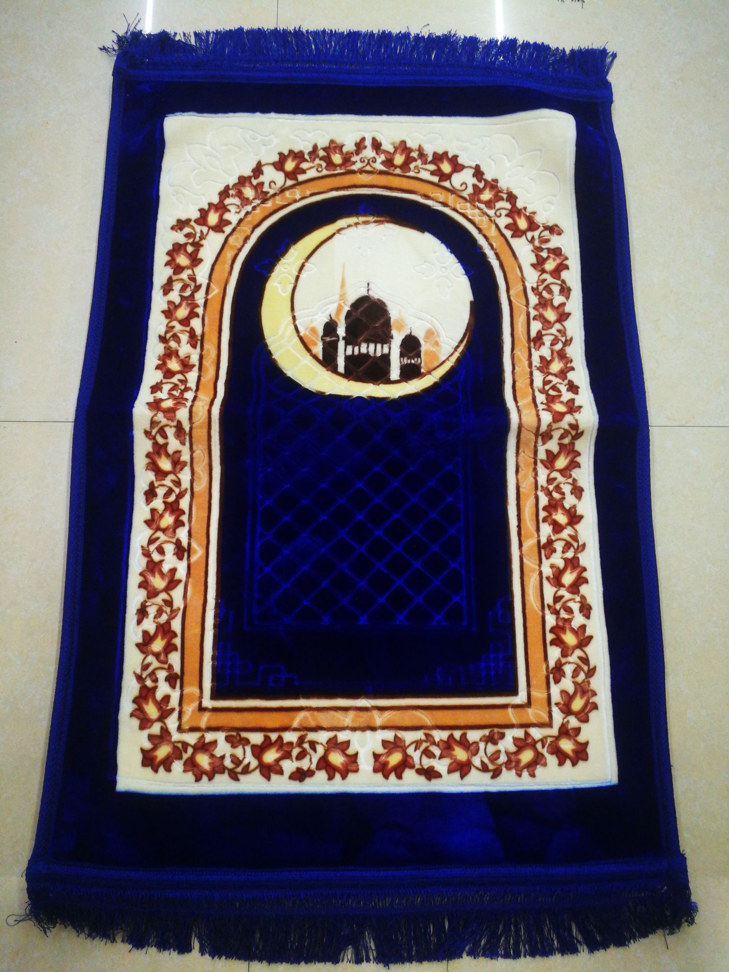 80*120全涤纶印花加压花月亮花花型礼拜毯朝拜垫厂价直销经典老花型销量大详情图2