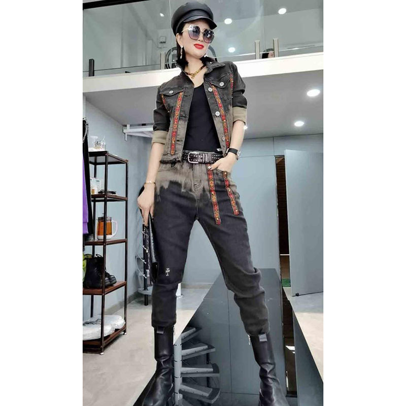 European Station 2021 Autumn New Korean style woven strap patchwork denim jacket top jeans two-piece set for women detail image 3