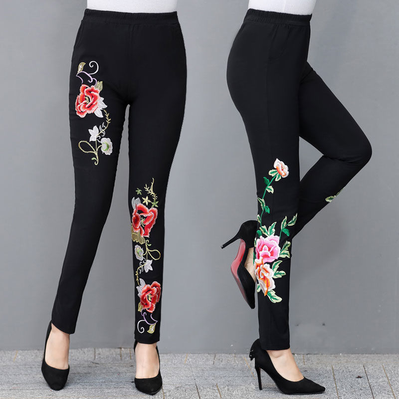 妈妈装民族风绣花裤子女修身外穿弹力裤加大码打底裤女高腰小脚裤