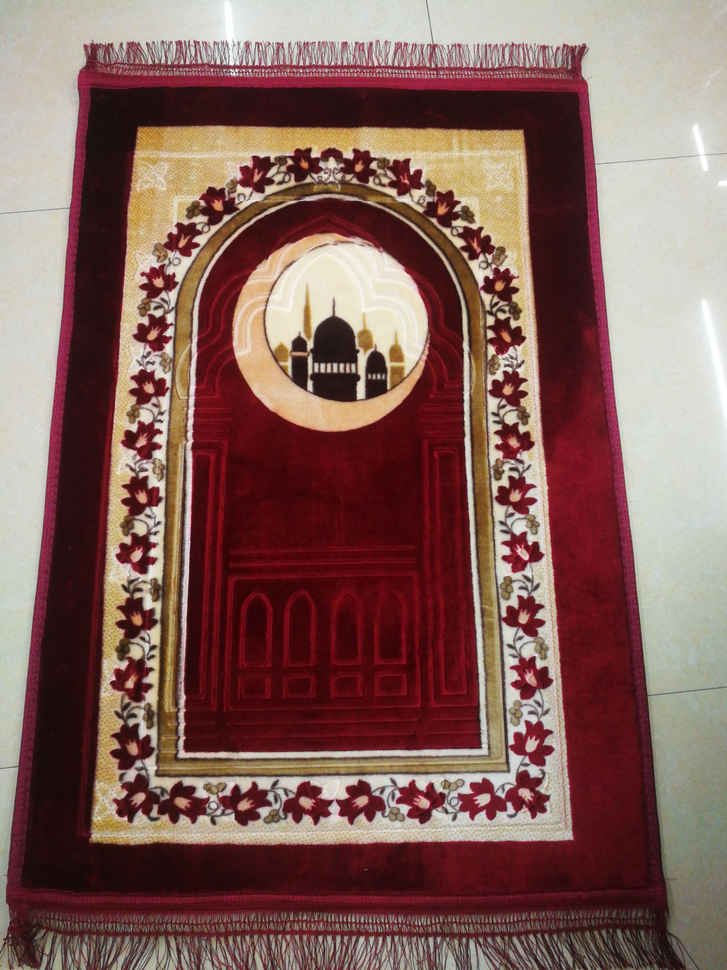 80*120全涤纶印花加压花月亮花花型礼拜毯朝拜垫厂价直销经典老花型销量大详情图1