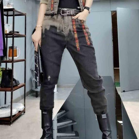 欧洲站2021秋季新款韩版时尚织带拼接牛仔外套上衣牛仔裤两件套女