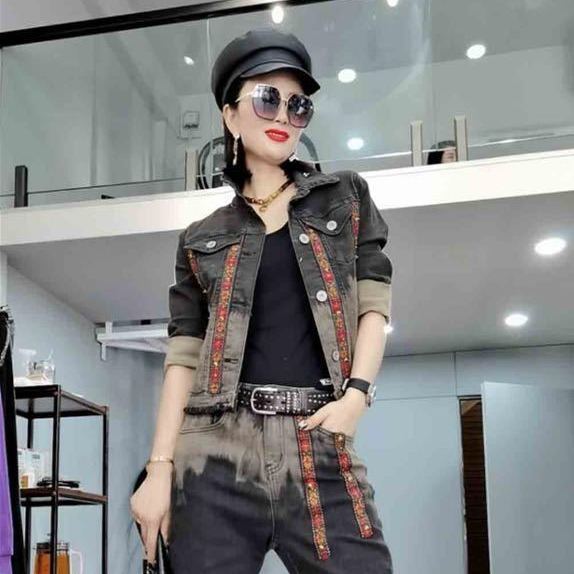 European Station 2021 Autumn New Korean style woven strap patchwork denim jacket top jeans two-piece set for women detail image 2