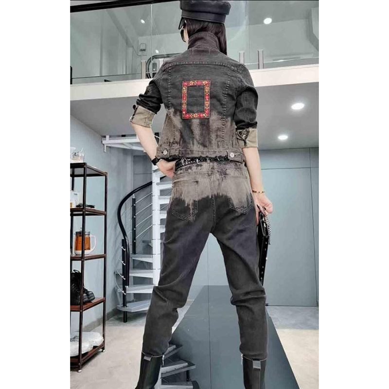 European Station 2021 Autumn New Korean style woven strap patchwork denim jacket top jeans two-piece set for women detail image 6