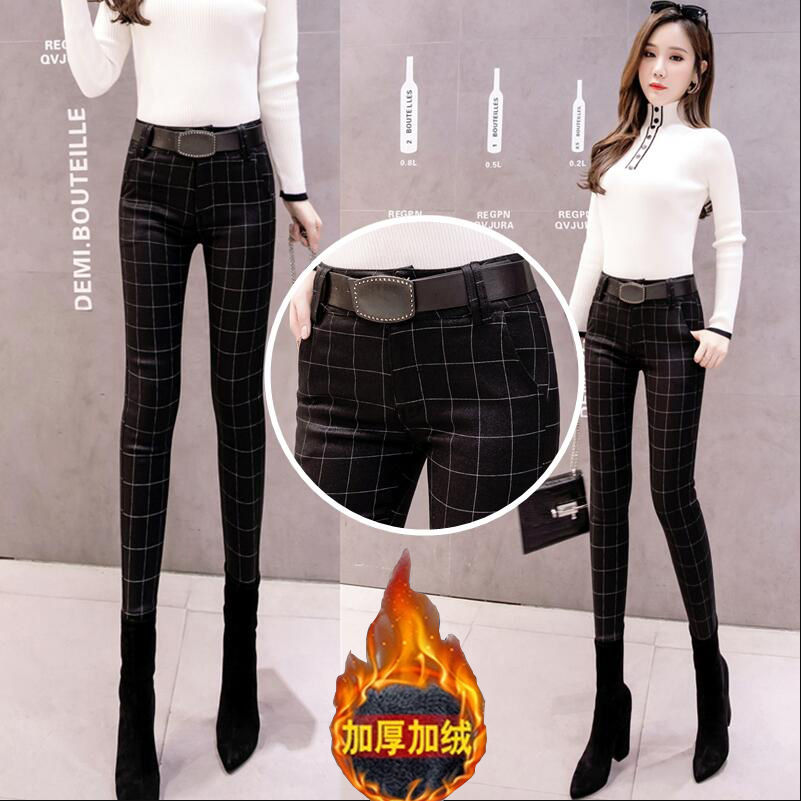 European Station 2021 Spring and Autumn Women's wear plaid high-waisted outerwear fleece leggings, slimming stretch small leg pencil pants detail image 2