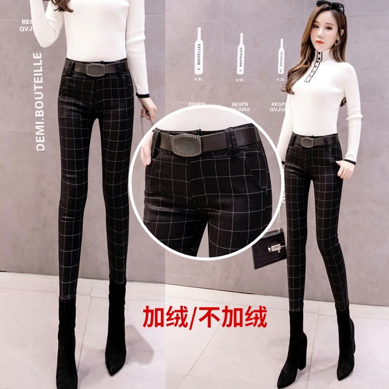 European Station 2021 Spring and Autumn Women's wear plaid high-waisted outerwear fleece leggings, slimming stretch small leg pencil pants detail image 10