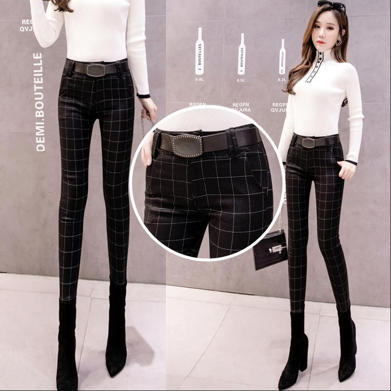 European Station 2021 Spring and Autumn Women's wear plaid high-waisted outerwear fleece leggings, slimming stretch small leg pencil pants detail image 1