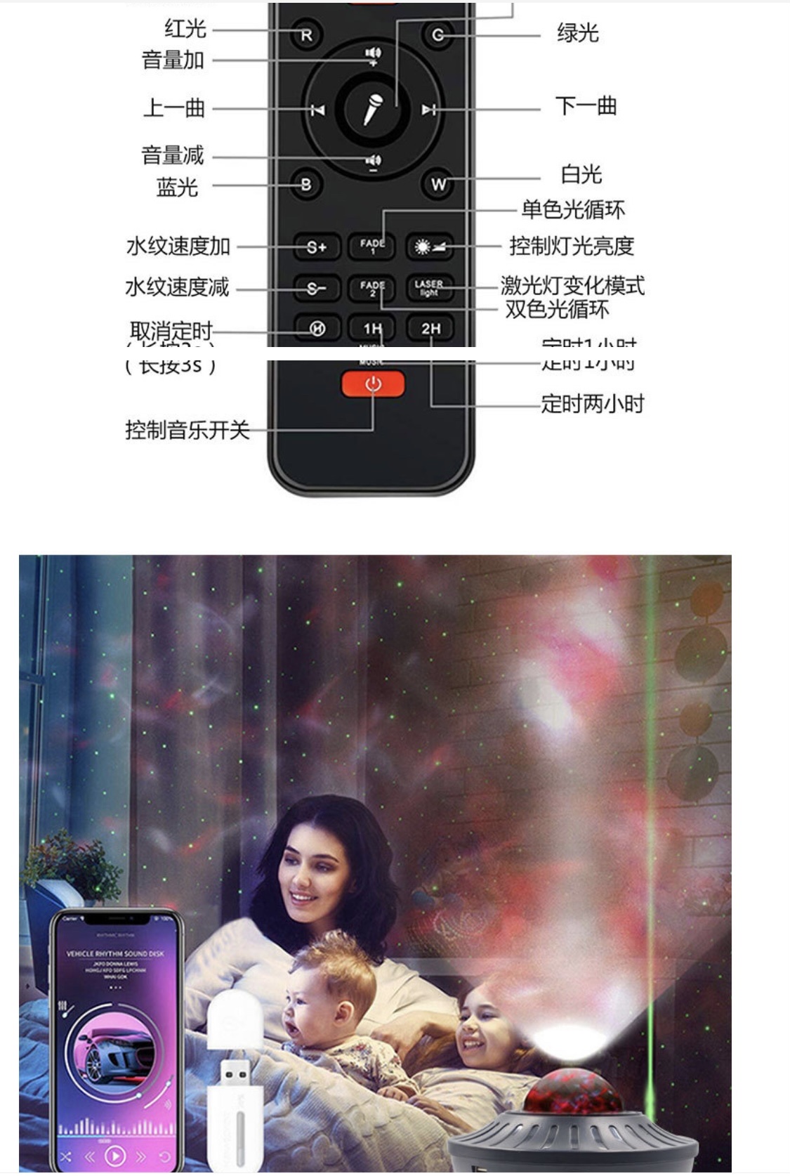 工厂跨境货源创意礼口USB蓝牙音箱旋转星空灯星光投影仪七彩水纹详情图7