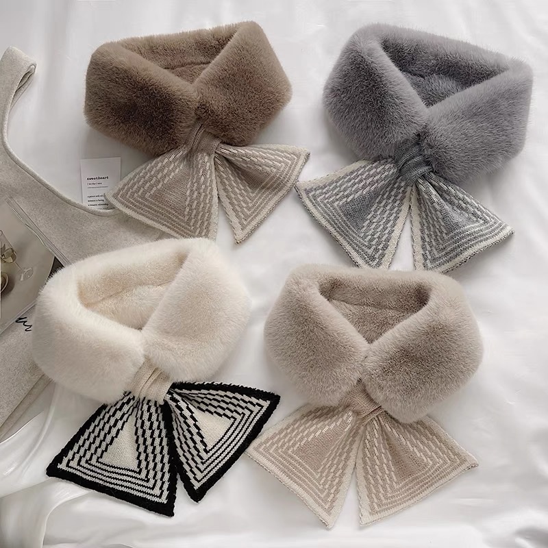 Scarf Female Autumn Winter Instagram All Korean Version Fluffy Imitation Rex Rabbit Neck Striped Thick Warm Neck Collar full figure