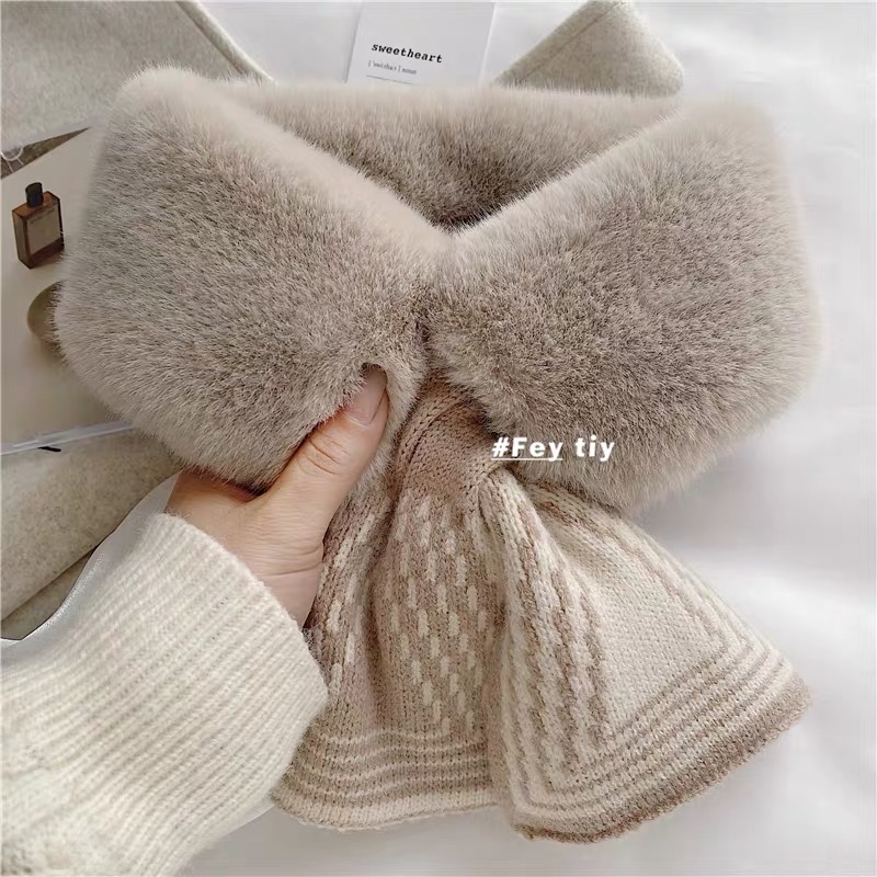 Scarf Female Autumn Winter Instagram All Korean Version Fluffy Imitation Rex Rabbit Neck Striped Thick Warm Neck Collar details Picture