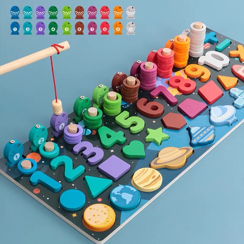 儿童八合一早教启智玩具木制积木数字字母对数板拼图形状配对动物详情图1
