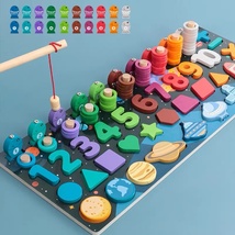 儿童八合一早教启智玩具木制积木数字字母对数板拼图形状配对动物