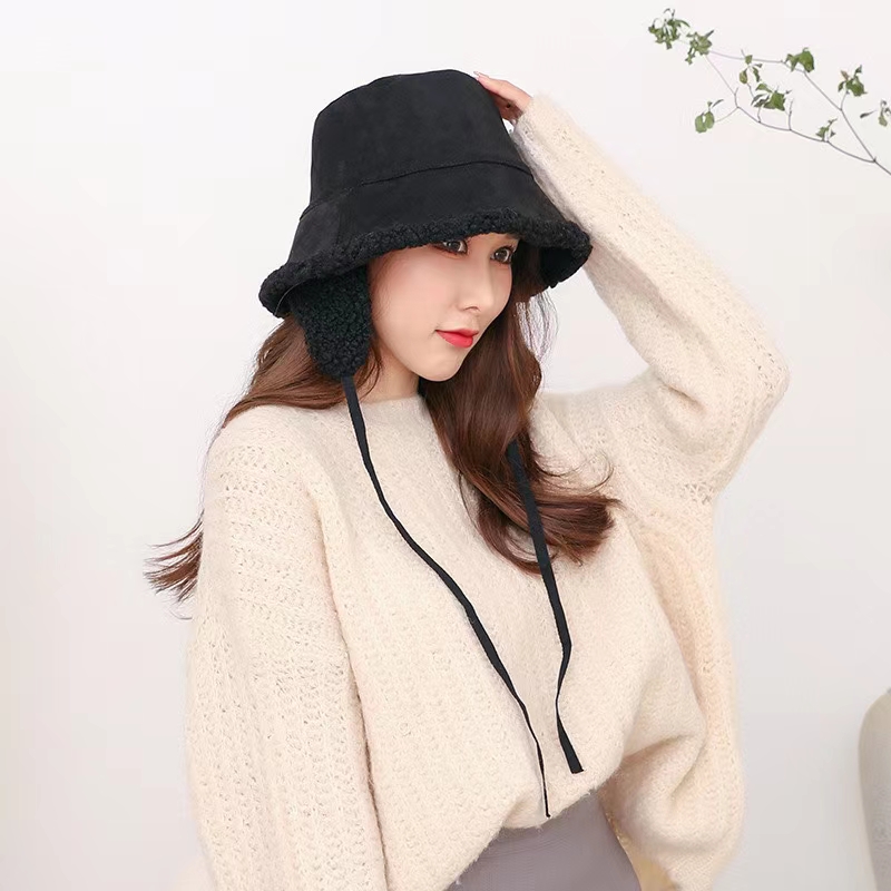 帽子秋冬款保暖网络时尚潮流渔夫帽1羊羔绒盆帽带护耳黑色