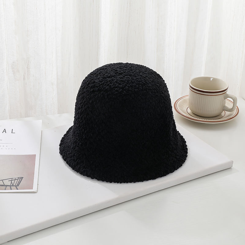 Autumn and winter women's woolen woolen hat, warm, fashionable and versatile, fisherman hat, youth trend, face-covering lambskin basin hat, bucket hat, black details Picture