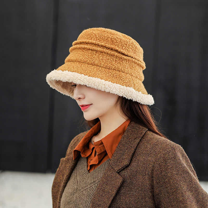 帽子女秋冬渔夫帽韩版百搭显脸小保暖针织加绒护耳东北羊羔绒盆帽详情图5