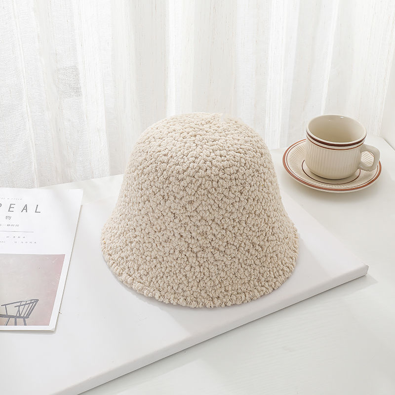 Autumn and winter women's woolen woolen hat, warm, fashionable and versatile, fisherman hat, youth trend, face-covering lambskin basin hat, bucket hat, white