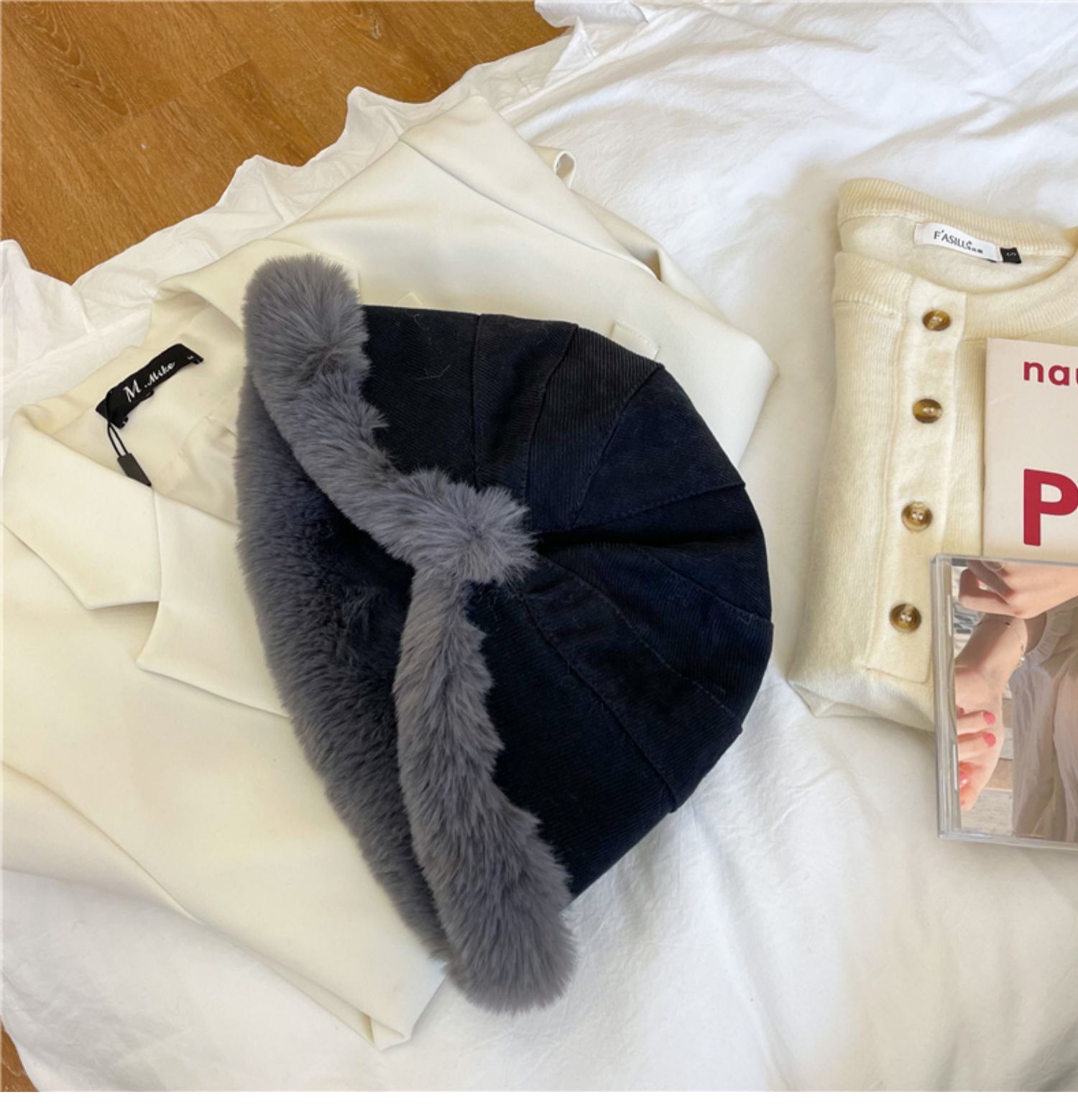 Hat Women's Autumn And Winter System All Tie Net Red Plus Cashmere Lamb Hair Fisherman Hat Casual Wide Eaves Warm Plush Basin Hat Item Picture