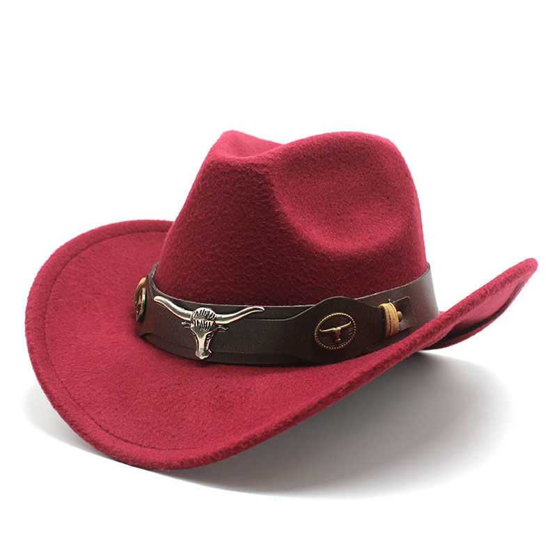 Western cowboy hat, metal bull hat, deep rose red details Picture