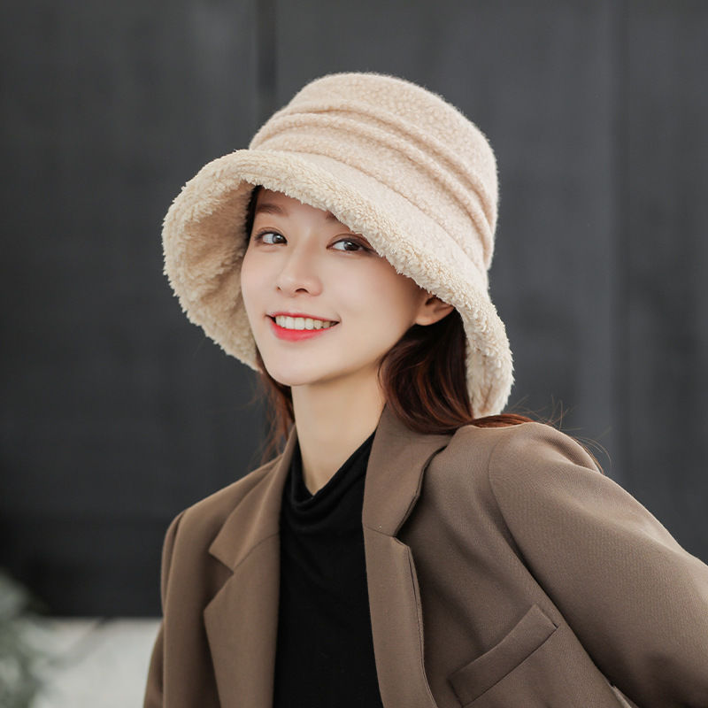 帽子女秋冬渔夫帽韩版百搭显脸小保暖针织加绒护耳东北羊羔绒盆帽详情图1