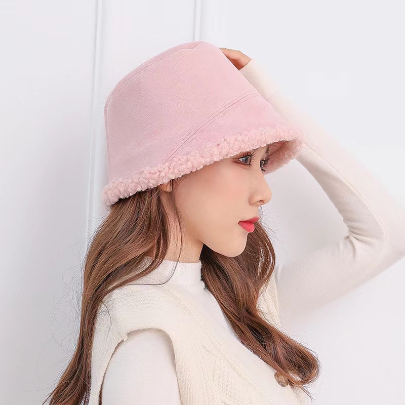 Autumn and winter warm online fashion trend fisherman hat 1 lamb fleece basin hat in pink