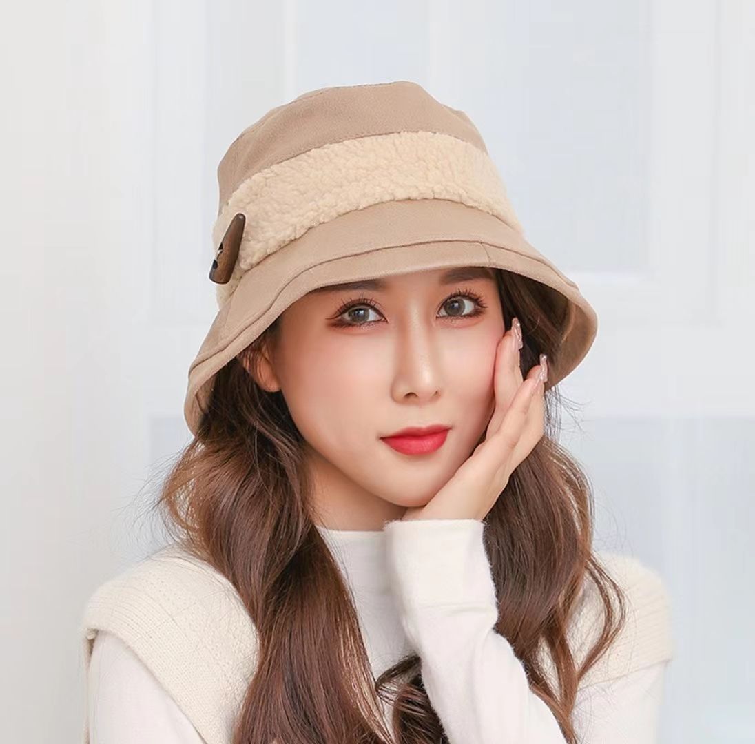 帽子秋冬款保暖网络时尚潮流渔夫帽1羊羔绒盆帽拼接款