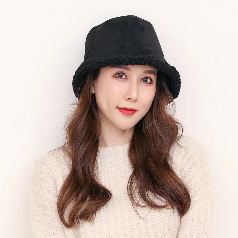 Autumn and winter warm online fashion trend fisherman hat 1 lamb fleece basin hat black