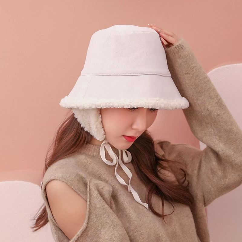 Autumn and winter warm online fashion trend fisherman hat 1, lamb fleece basin cap with ear guards 1 Specification image