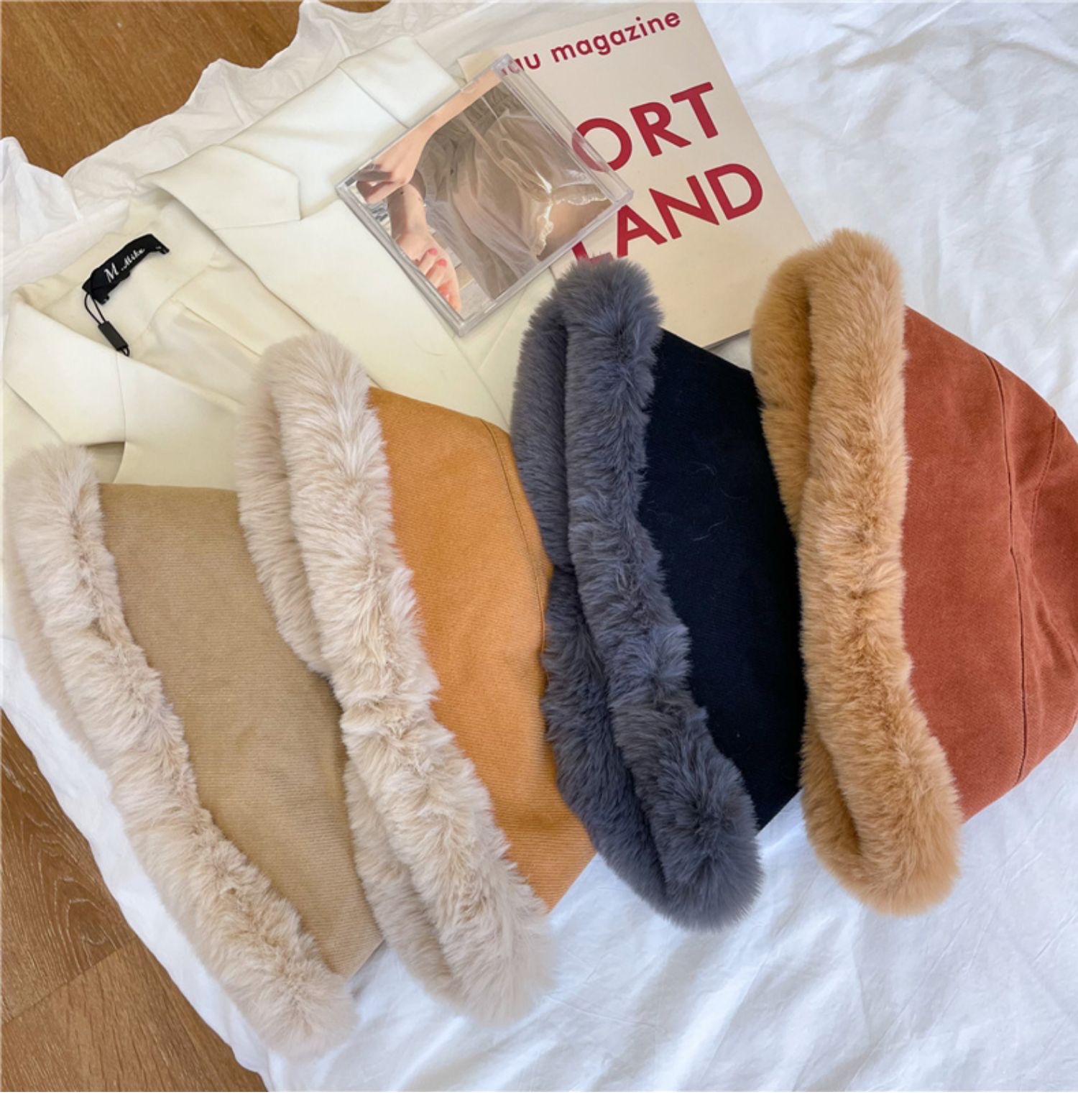 Hat Women's Autumn And Winter System All Tie Net Red Plus Cashmere Lamb Hair Fisherman Hat Casual Wide Eaves Warm Plush Basin Hat undefined