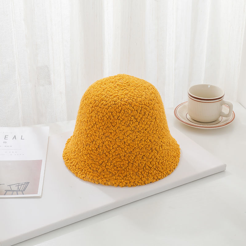Autumn and winter women's woolen woolen hat, warm, fashionable and versatile, fisherman hat, youth trend, face-covering lambskin basin hat, bucket hat, yellow
