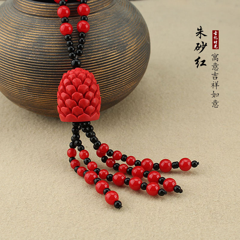 民族风仿朱砂长款毛衣链秋冬新款棉麻配饰项链女中国红本命年饰品 