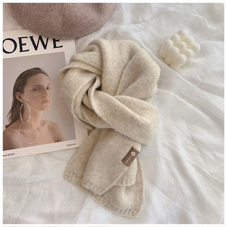 Super Beautiful Milk Tea Color Ins Style Korean Small Scarf Female Winter Wool Knitted Warm Bib Students Super Versatile details Picture