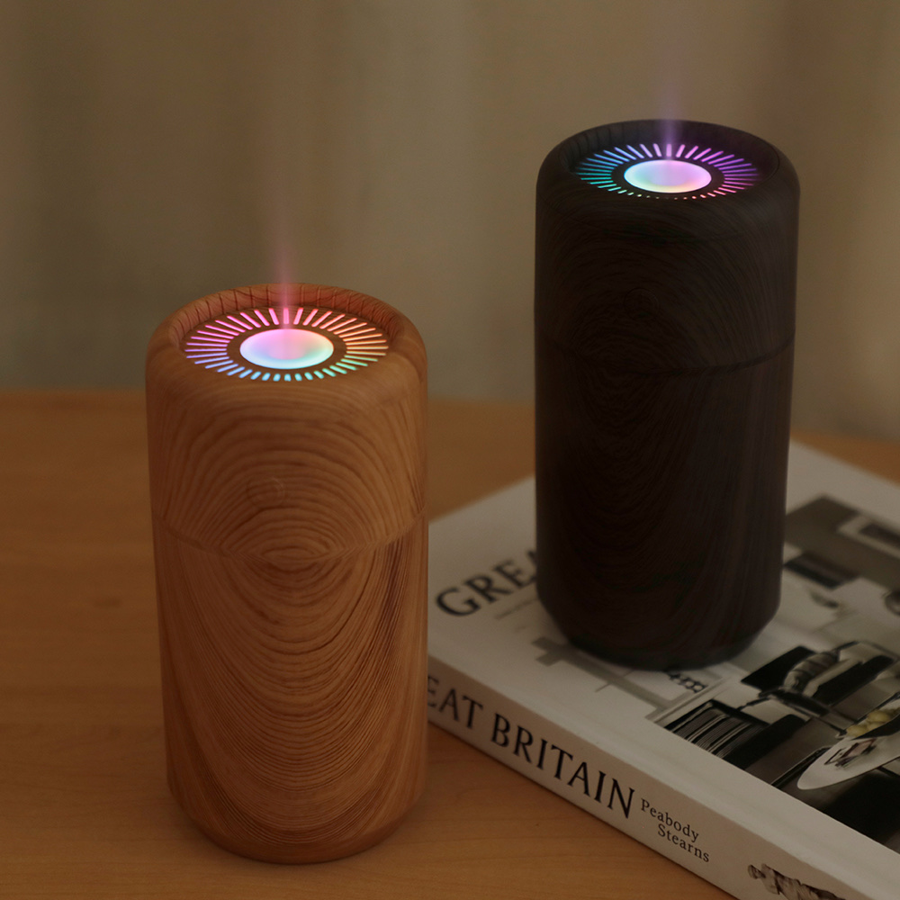 The wood grain humidifier is equipped with colorful lights
