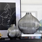 新品扁圆形镀银小口竖条纹复古精品手工吹制玻璃花瓶摆件创意花器