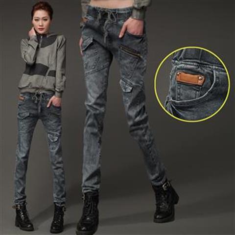 Spring and Autumn's new style pocket zipper jeans for women, Korean style, slimming and petite legs, long pants, loose, Harem pants trend