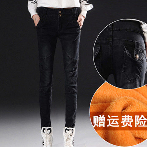 Fleece-lined jeans, women's stretch pencil pants, slimming and slim Korean-style thickened little Halon casual pants, plus-size chubby girls detail image 11
