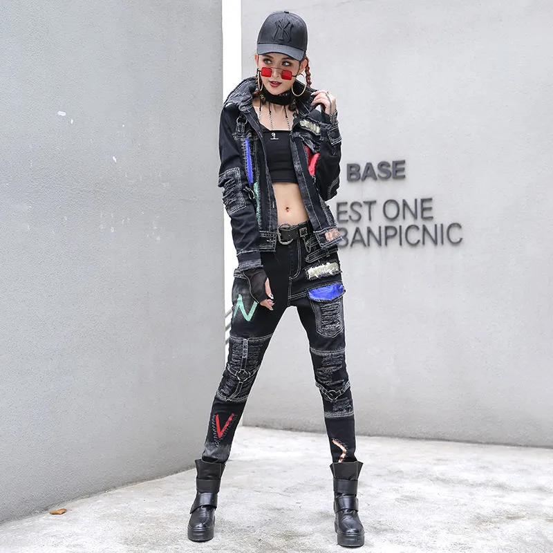 The European station's denim fashion set for women is a cool and stylish autumn women's wear with a pair of Hollen pants and coat, looking cool and stylish detail image 5