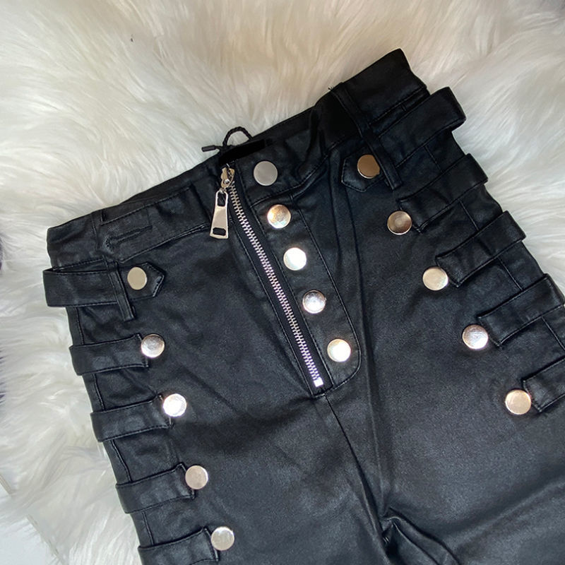 Leather pants with fleece and thickened, high-waisted for women in winter, matte and frosted 2022 new black skinny leggings detail image 1