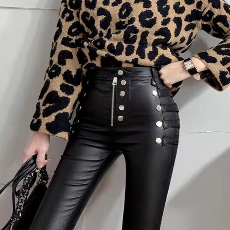 Leather pants with fleece and thickened, high-waisted for women in winter, matte and frosted 2022 new black skinny leggings