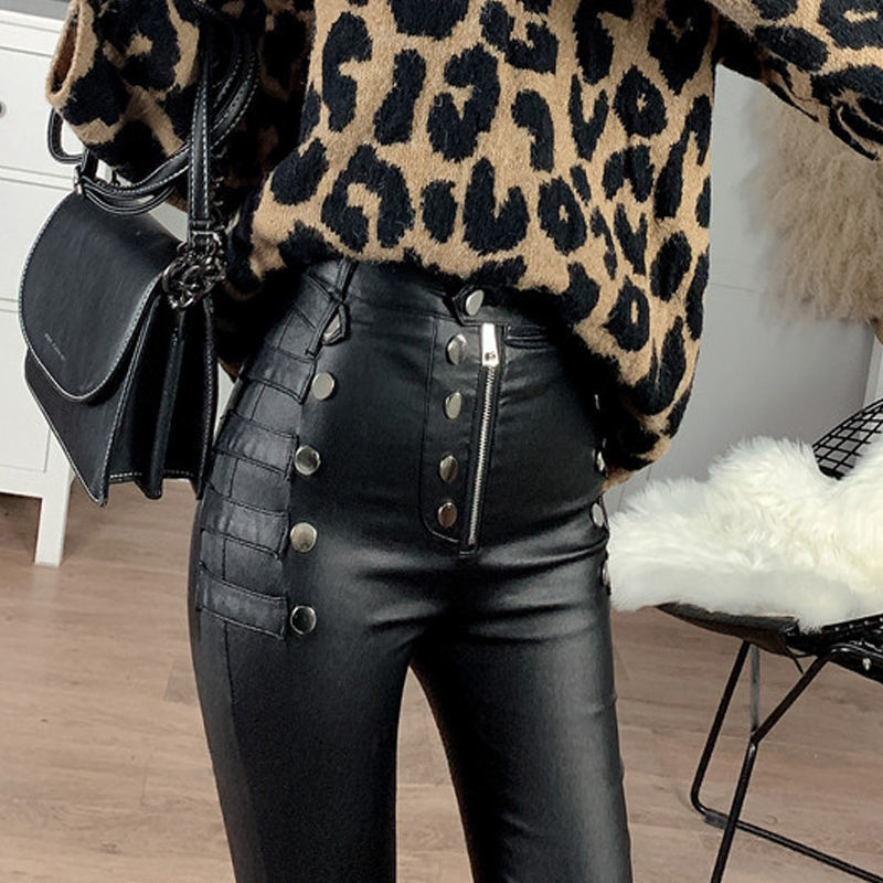 Leather pants with fleece and thickened, high-waisted for women in winter, matte and frosted 2022 new black skinny leggings detail image 10