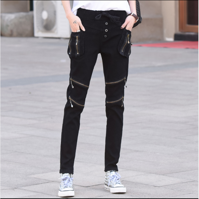 Spring and Autumn's new style pocket zipper jeans for women, Korean style, slimming and petite legs, long pants, loose, Harem pants trend detail image 19
